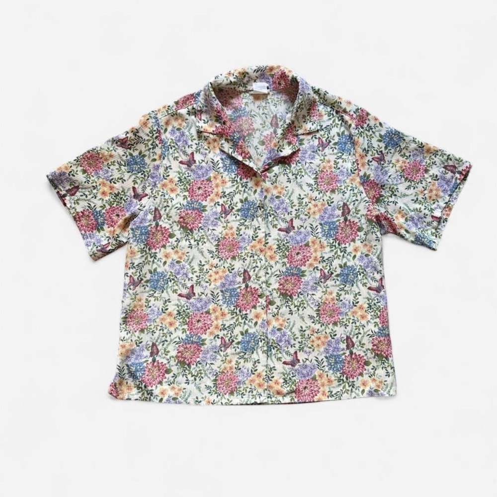 Bon Worth Button Up Shirt Retro Crinkle Fabric Floral Butterflies Camp Collar 1X